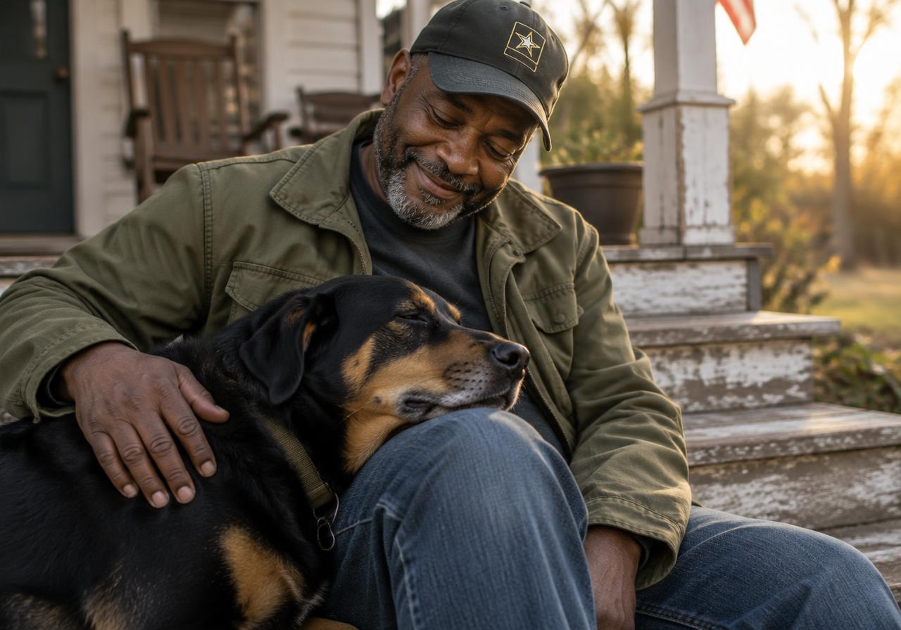 A middle-aged Black veteran in a cap sitting on porch steps, smiling down at his black-and-tan dog resting its head on his lap