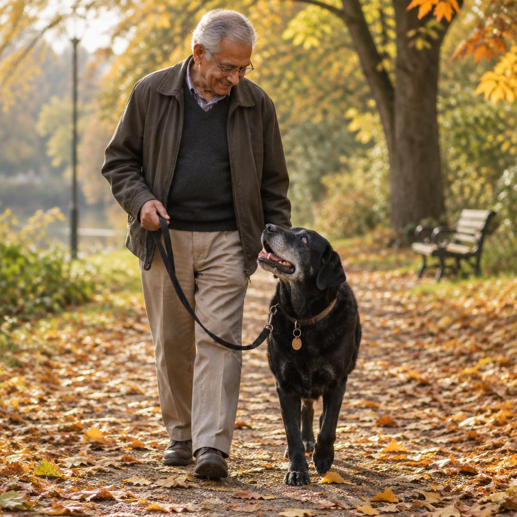 An elderly Indian man with glasses walking his senior black labrador along a leaf-covered autumn park path