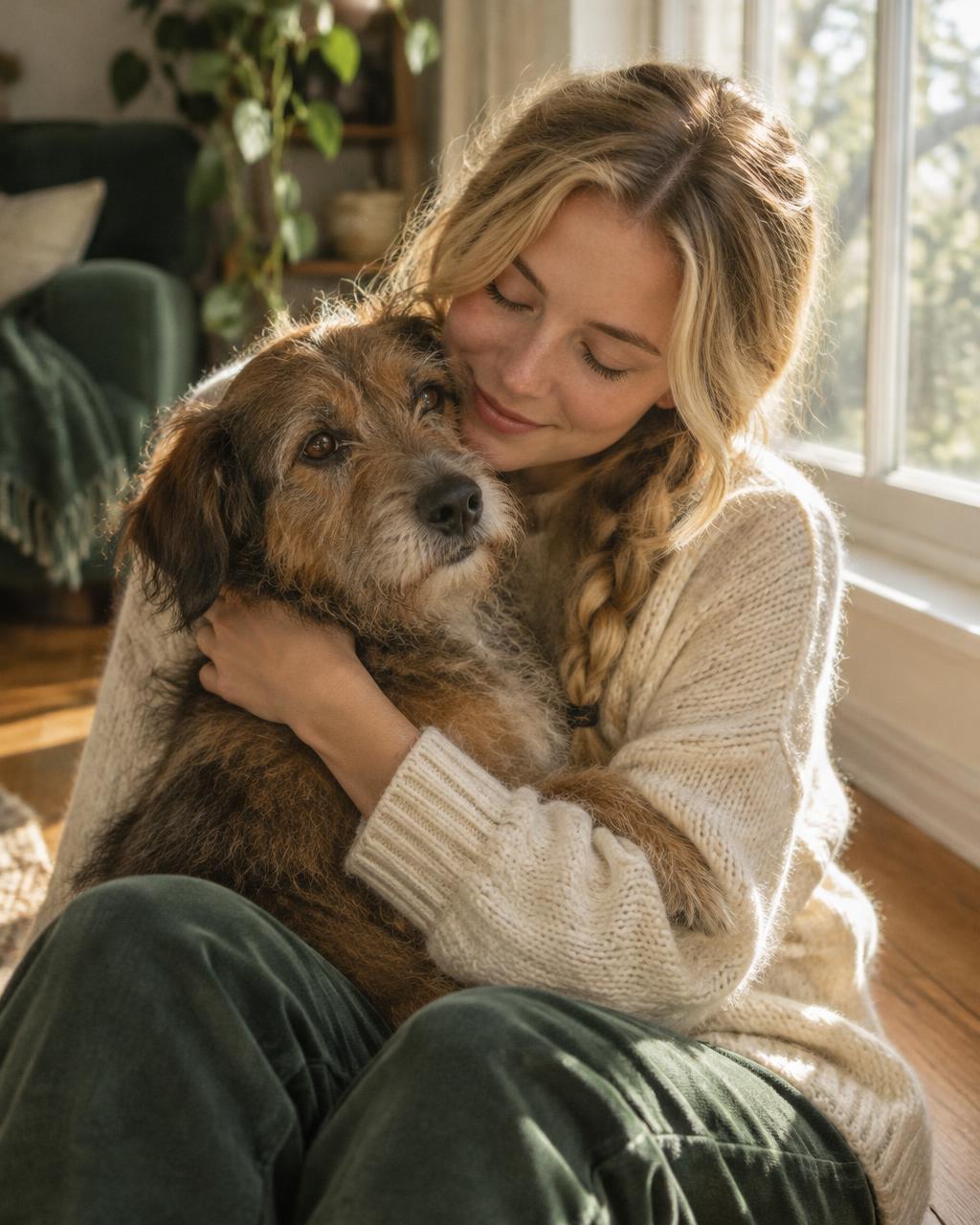 A young blonde woman in a cream sweater sitting on a sunlit wooden floor, eyes closed, tenderly embracing her scruffy brown rescue dog